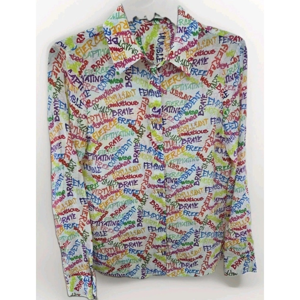Alice + Olivia Silk Graffiti Word Print Button Down Blouse Multicolor Small